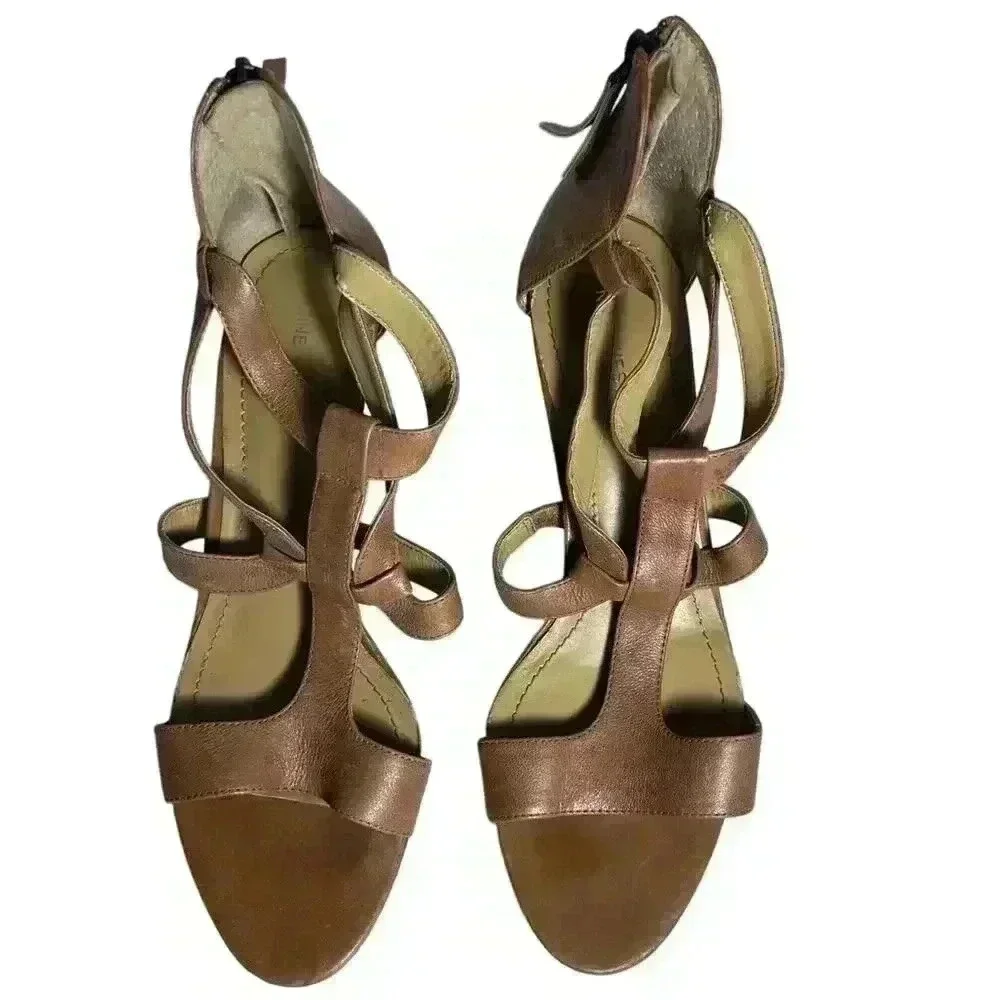 Nine West 10M Zipper Back Open Toe Sandals High Heel Tan